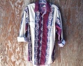 Wrangler western shirt southwestern tribal print burgundy blue tan pearl snaps long sleeve cotton shirt tails unisex men L large