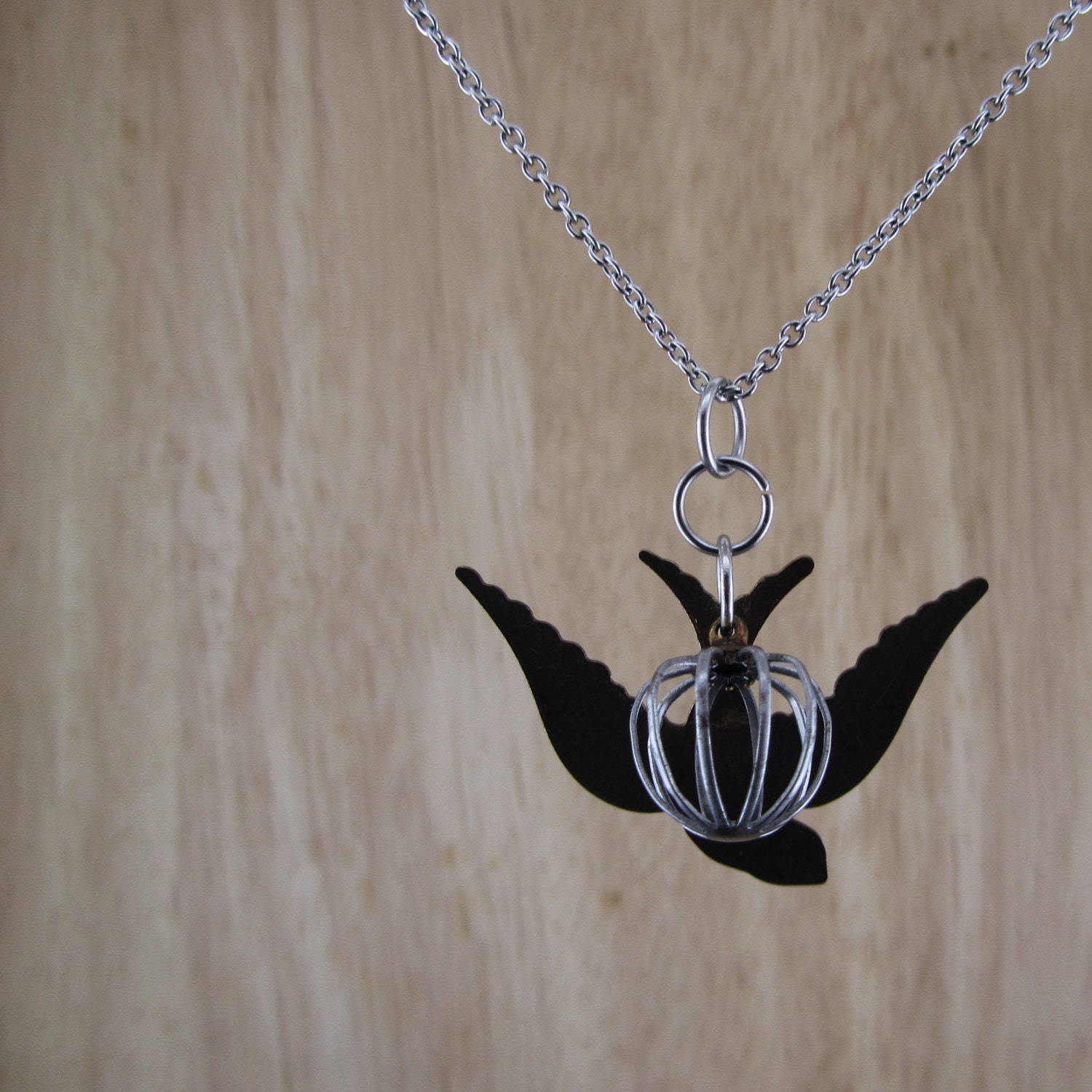 Brass Bird Necklace, Brass Bird With Steel Cage & Steel Chain