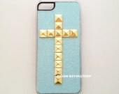 Studded iphone 5 case-Mint green glitter hard  with gold cross pyramid studs ready to be ship same day