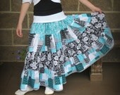 Girl's ruffled Skirt, MADE TO ORDER, Handmade twirly skirt, Girl's clothing, Tiered skirt, patchwork , teal, and black, Spring, Summer