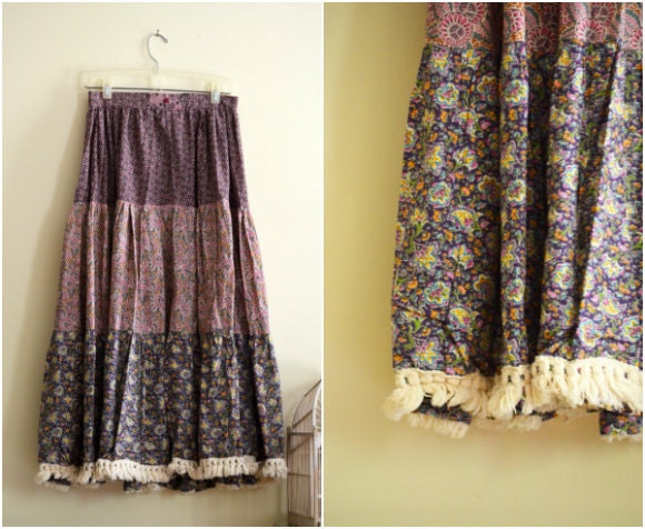 Vintage Purple & Pink Bohemian Floral Maxi Skirt  - 1970s