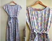Vintage Pastel Periwinkle, Pink, Yellow and Mint Floral Midi Day Dress  - 1980s