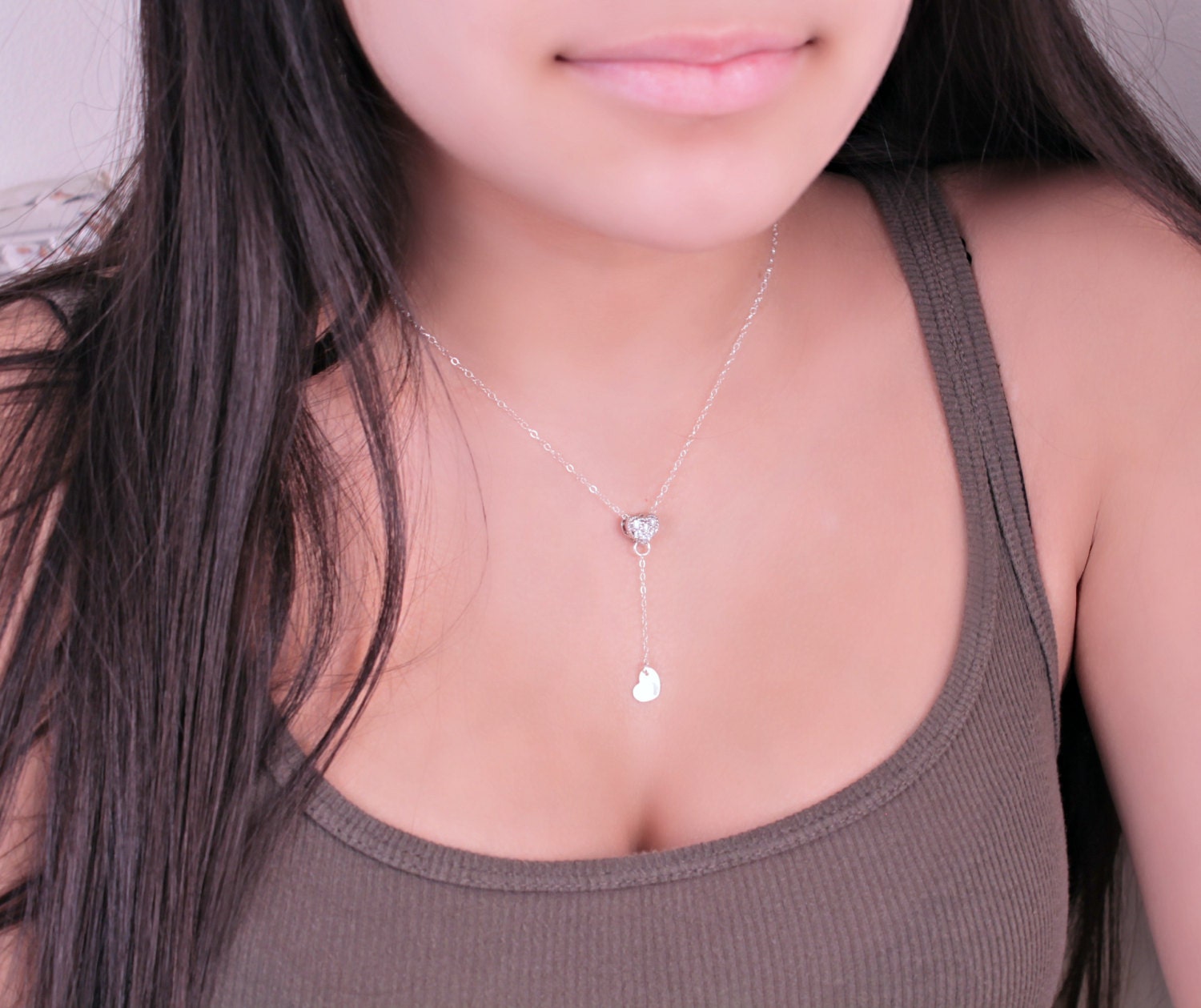 Double heart 925 sterling silver "Y" necklace,Cubic zirconia CZ Heart, personalized stamped initial letter, custom, valentine love