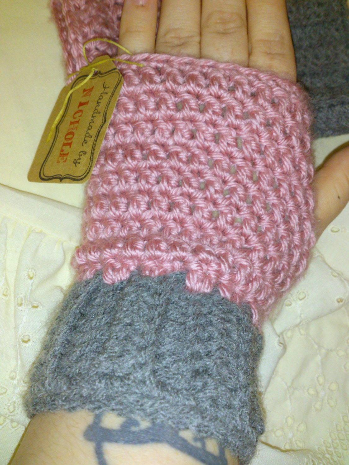 Handless  Gloves: pale pink w/ gray cuff
