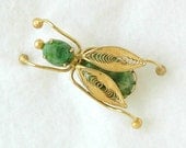 Vintage Jade or Green Moss Agate Fly Winged Insect Brooch Gold Tone Filigree Dimensional 3D Dainty Sweet Unique Flying Bug Semi Precious