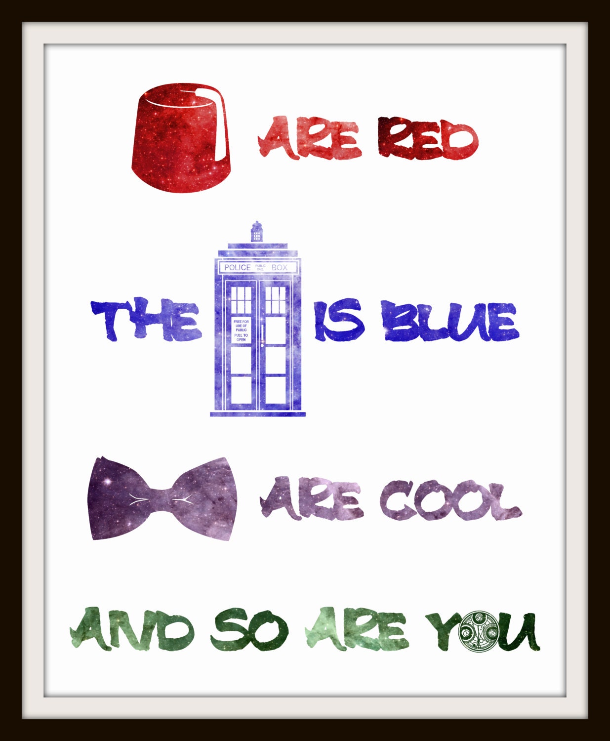 Doctor Who Inspired Rhyme Nursery Art - Choose Background Color 8x10 Inch Poster Print - Geek-a-bye Baby - Sci-Fi Geek, Fez, Tardis, Bow Tie