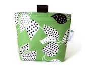 Reusable Snack Bag, Eco Friendly, Gusset and Finger Tabs, Leaf and Dot in Green, Brown, White, Flea Market Fancy Fabric