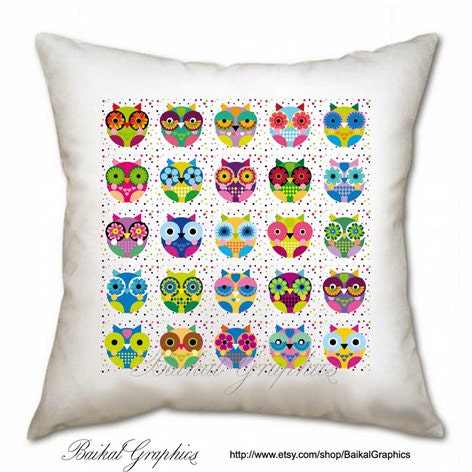 Cartoon Cute Little Owls Digital Collage Sheet  Large Transfer square Image Printable 160