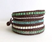 Chan Luu Inspired Leather Wrap Bracelet with Aventurine Magnesite Turquoise and Crystal Beads on Brown Leather