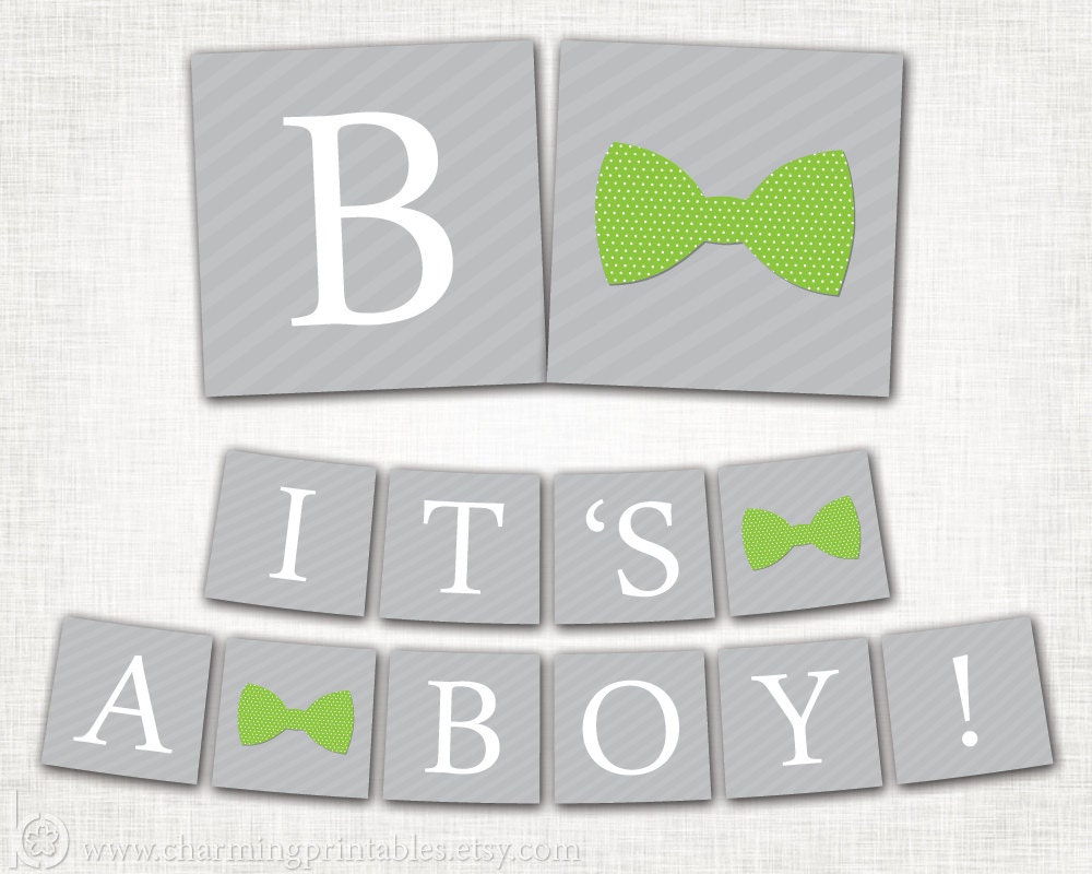 Bow Tie Baby Shower Banner -  PRINTABLE Banner - DIY Digital File - Green Gray Banner - Baby Boy Shower - Bow Tie Collection
