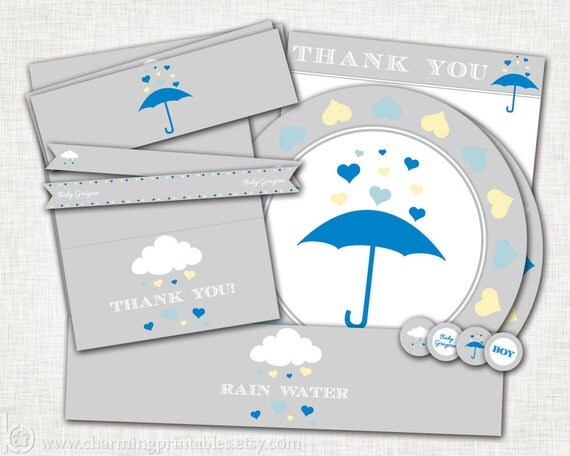 Rain Baby Shower Package - Baby Boy Shower - PRINTABLE (Labels, Tags, Wrappers, Flags, Circles) - Rain Shower Collection Il_570xn