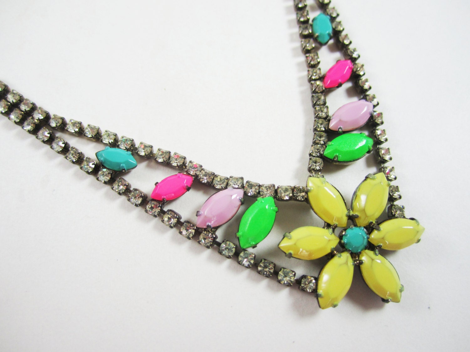 The Amanda Necklace - Hand Painted Genuine Vintage Rhinestone Necklace - Pastel and Neon - OOAK