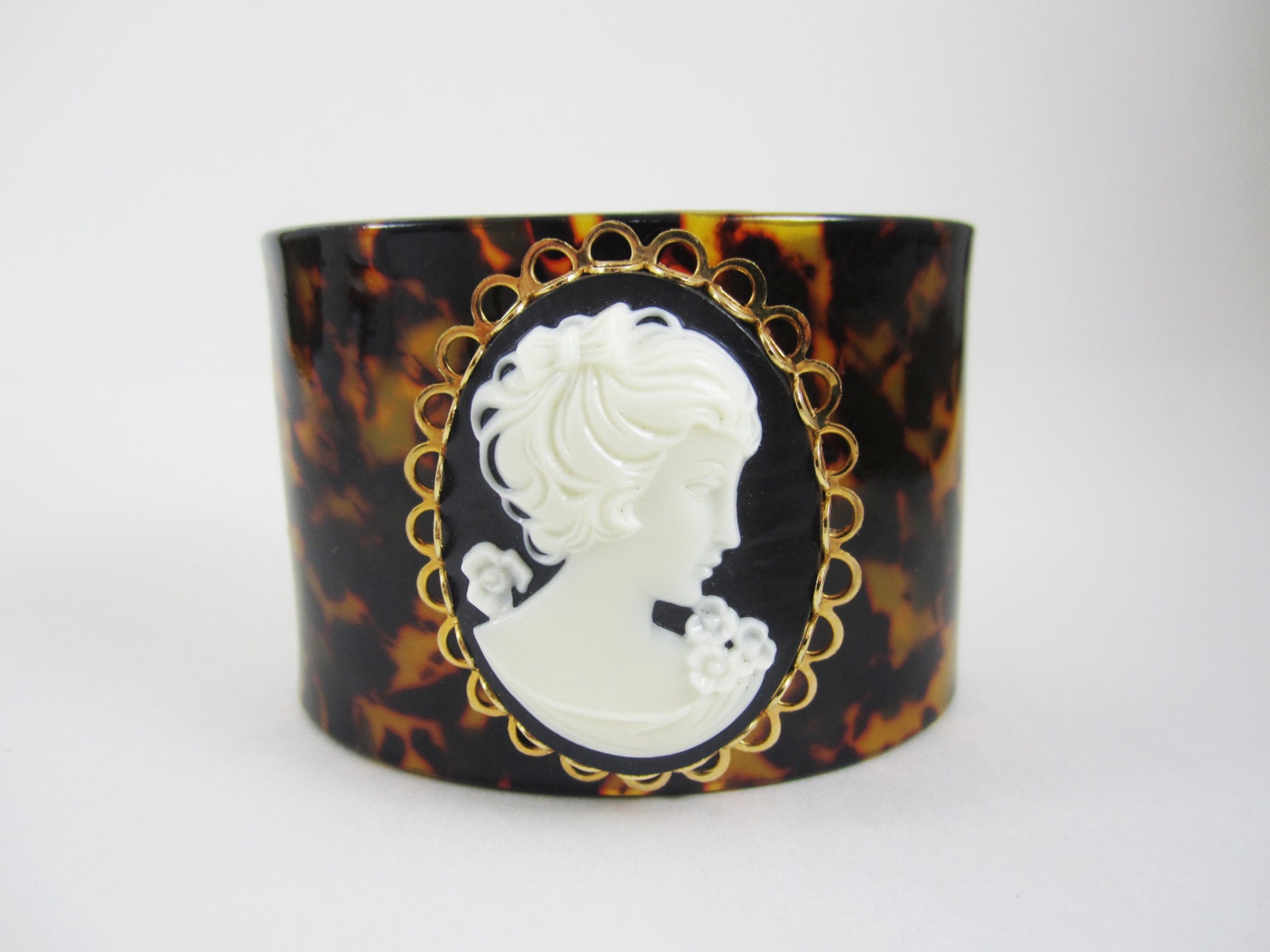 One Of A Kind Love Obsessed Design - Tortoise Cuff with Vintage Cameo Center - OOAK
