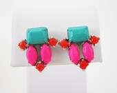One Of A Kind - Vintage 1950s Hand Painted Neon Pink Turquoise Red Rhinestone Earrings - by Love Obsessed