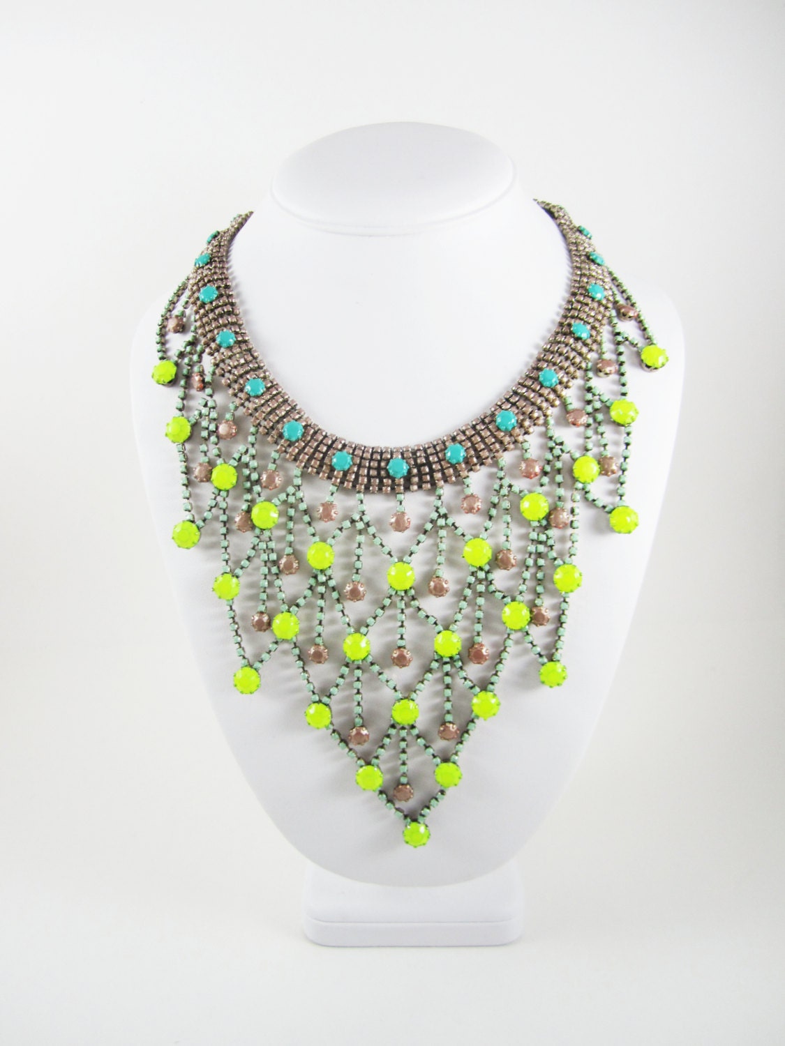 The Candace Necklace - OOAK - Vintage 1950s Hand Painted Neon Yellow Turquioise Neutral Rhinestone Bib Necklace