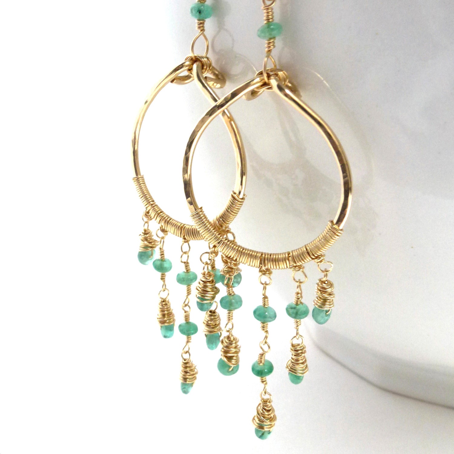 Emerald Earrings Handmade Chandelier Precious Gemstone Jewelry Gold Filled May Birthstone - LittleAppleNY
