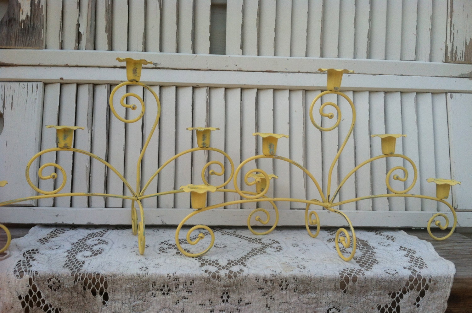Two 20" Wide Yellow Candelabras / Shabby French CountryCandleholder