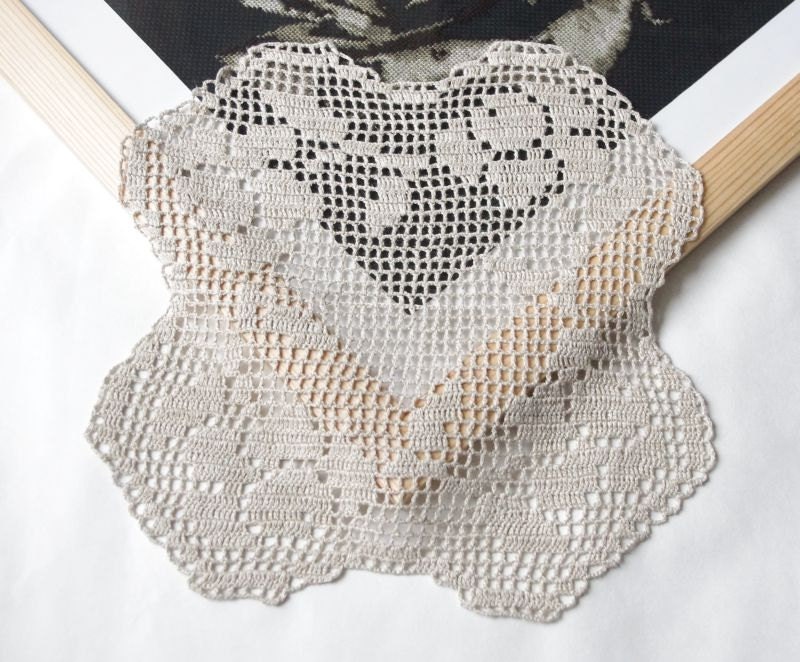 Small doily ecru square handmade linen crochet doily with roses lace doily crochet doilies