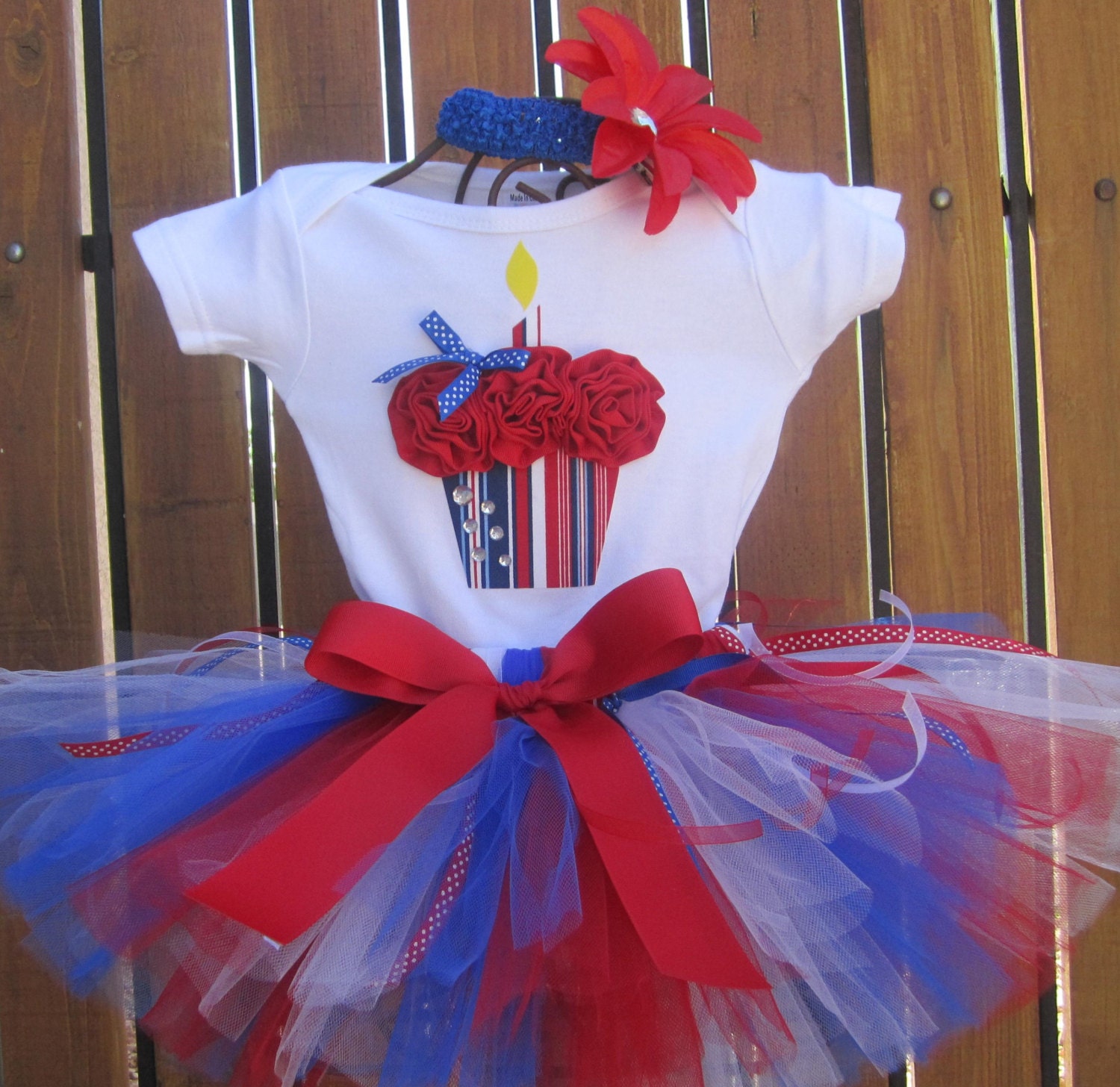 RED WHITE and BLUE - 3D Cupcake 1st Birthday Set Includes Tutu, 3D Cupcake Onesie and (1) Flower Headband- 1st 2nd 3rd 4th 5th bday