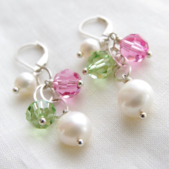 Set of 8: Eight Bridesmaid Gifts Earrings Pink Green Wedding Jewelry Pearl Dangle Sterling Silver Swarovski Crystal White Bridal Favors