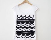 Hand Screen Printed Frill Scoop Neck Tee B&W