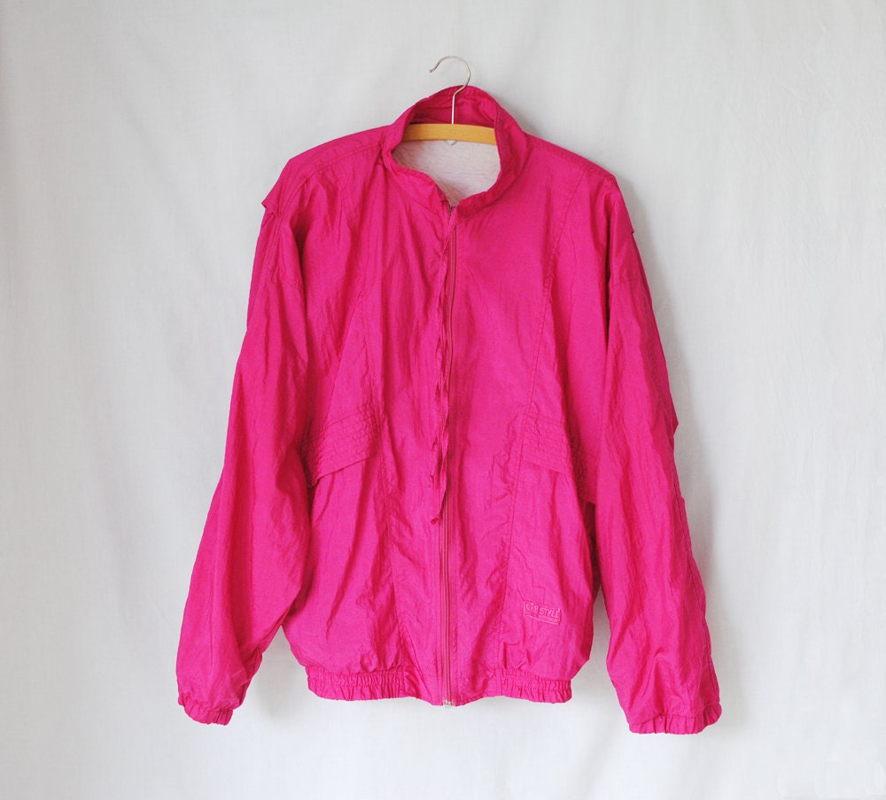 80s / 90s Hot Pink Track Jacket // Windbreaker // Parachute Jacket // Vintage // Zip Up // Large