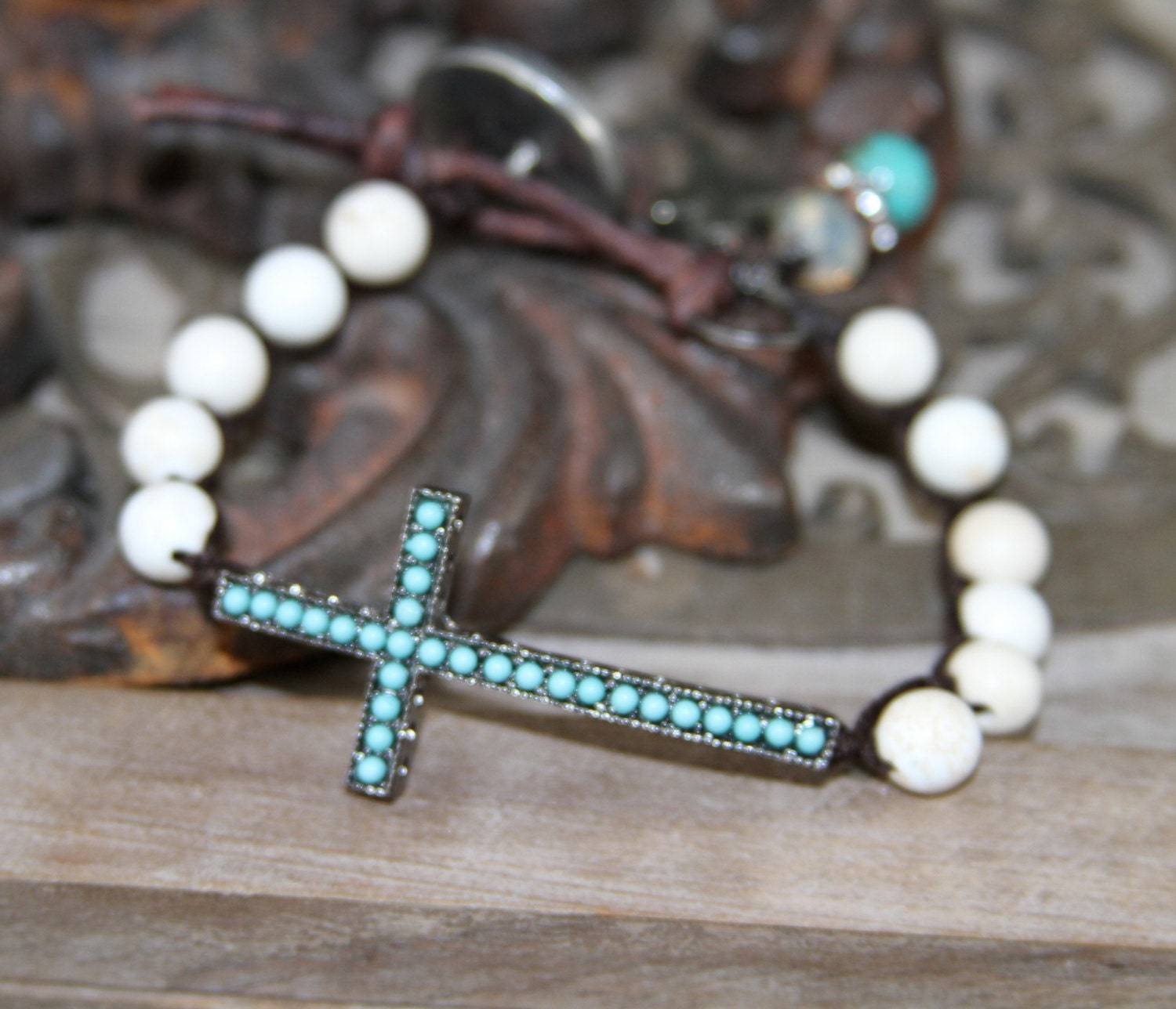 Sideways Cross Bracelet ,hand knotted, leather bracelet, Turquoise Jewelry, Pyrite, Boho, beaded bracelets, cross jewelry, spiritual jewelry