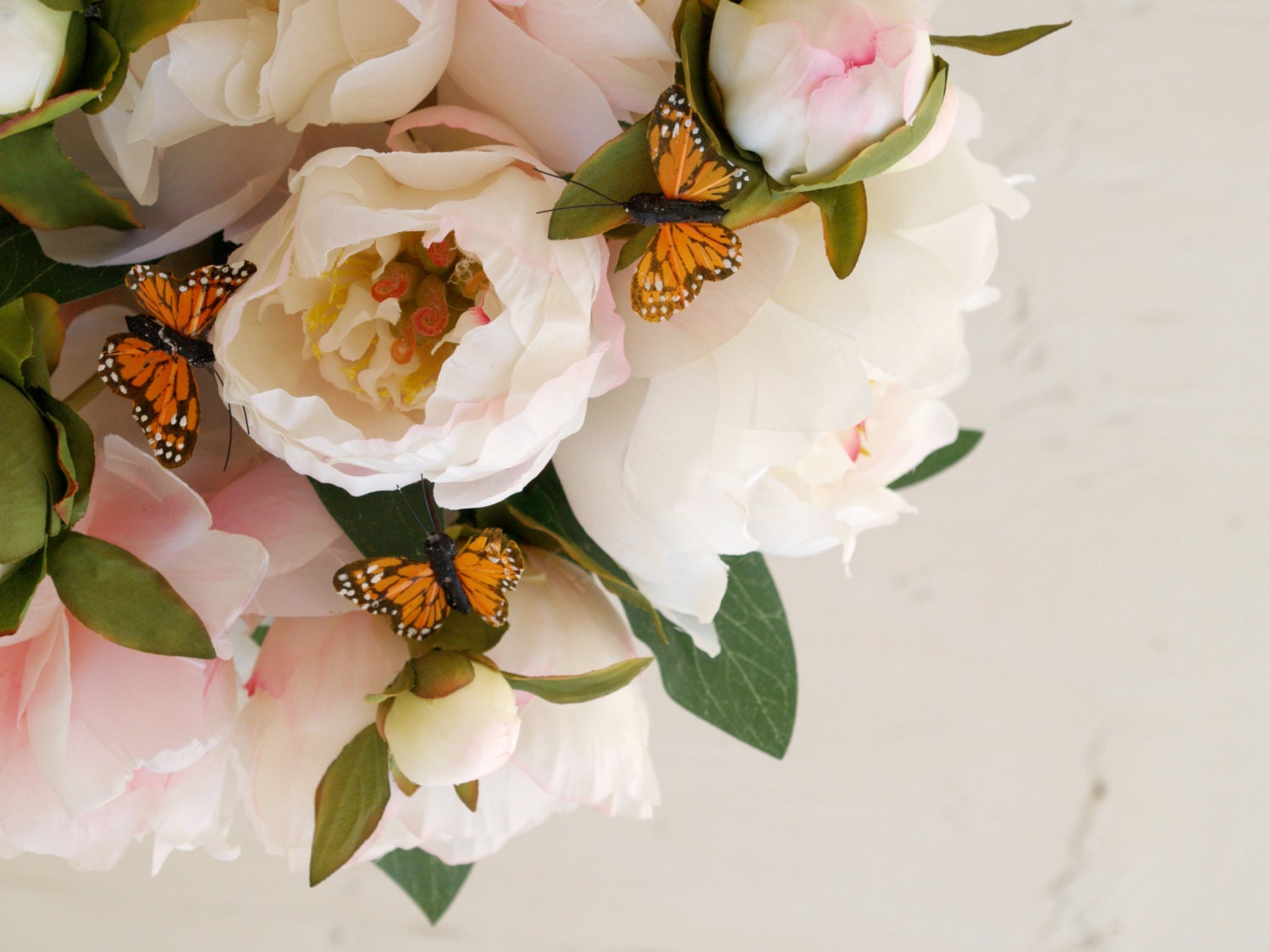 Whimsical Wedding Bouquet, Silk Fower Bridal Bouquet, Peony, Roses in gorgeous shades of Pink, White and Cream, Spring feather Butterfllies