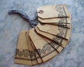 Set of 12 Aged Hang Tags Primitive Stained Vintage Look with Black Lace Design, Birthday Gift Tags, Party Favor Tags, Weddings Gift Bag tags