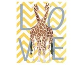 Giraffes Art Print Giraffe Friends Yellow White Chevron Stripes Love Giraffes Home Decor Modern Nursery Decor Wild Animals Africa Poster