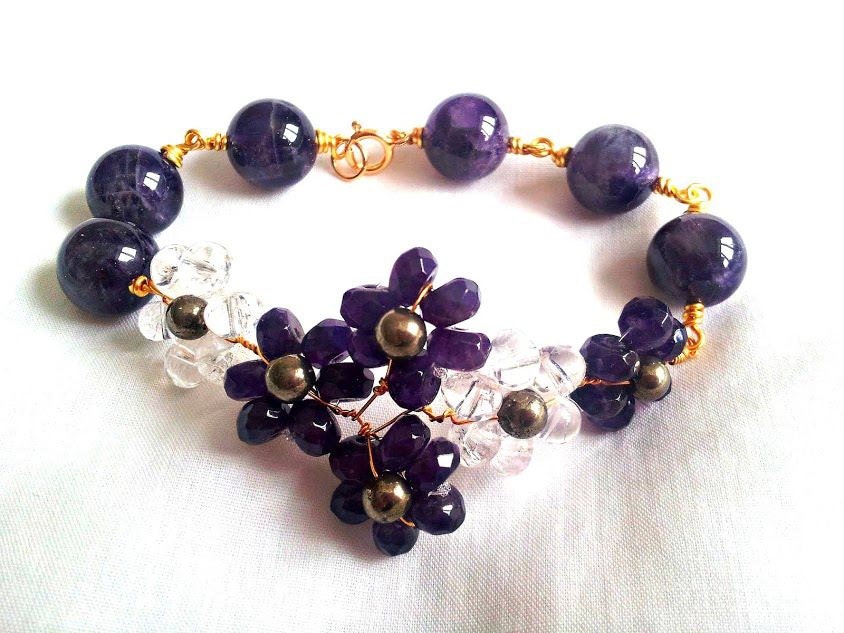 Stunning Amethyst (Feb birthstone) Gemstone Flower Bracelet