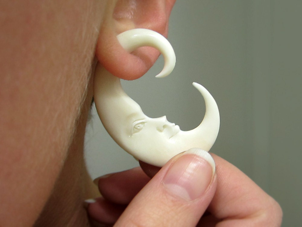 Fake Gauge Earrings, "Luna" Naturally Organic, Bone, Hand Carved, Tribal