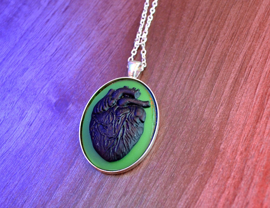Green and Black Zombie Anatomy Heart necklace pendant by Mortiis.M