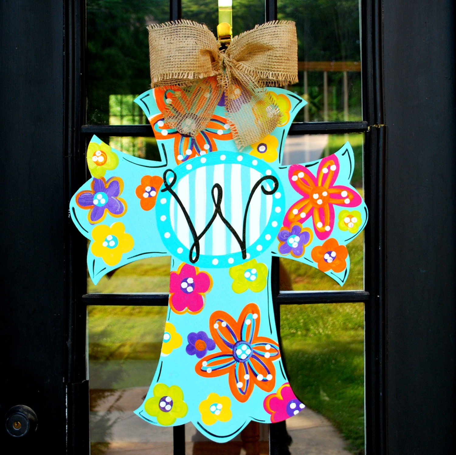 Door Hanger: Cross, Summer Wreath, Wall Cross, Hand painted wooden cross, Summer Door Hanger