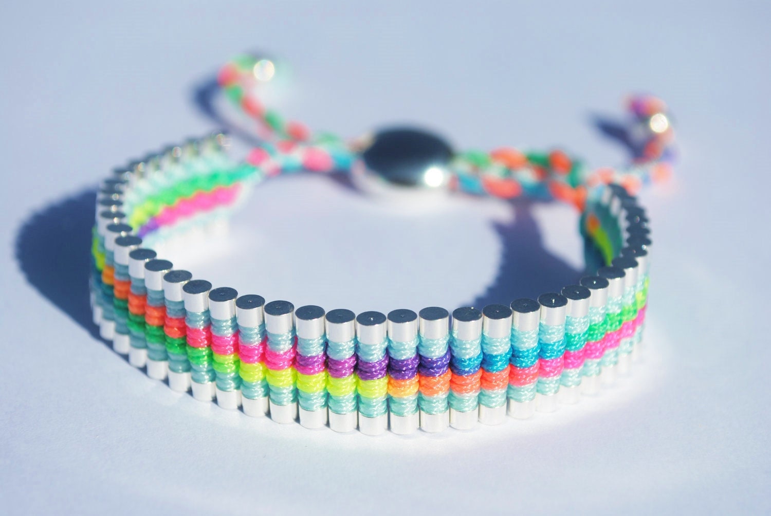 Link Friendship Bracelet. Silver Plated with Neon Macrame and blue trim. (Similar to Links of London Brand) (One Direction)