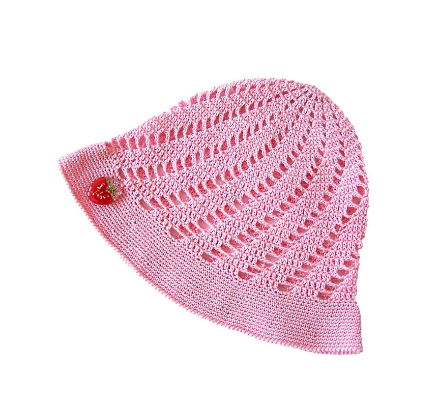 Pink crochet Cloche Hat for Girl with Strawberry Ready to ship