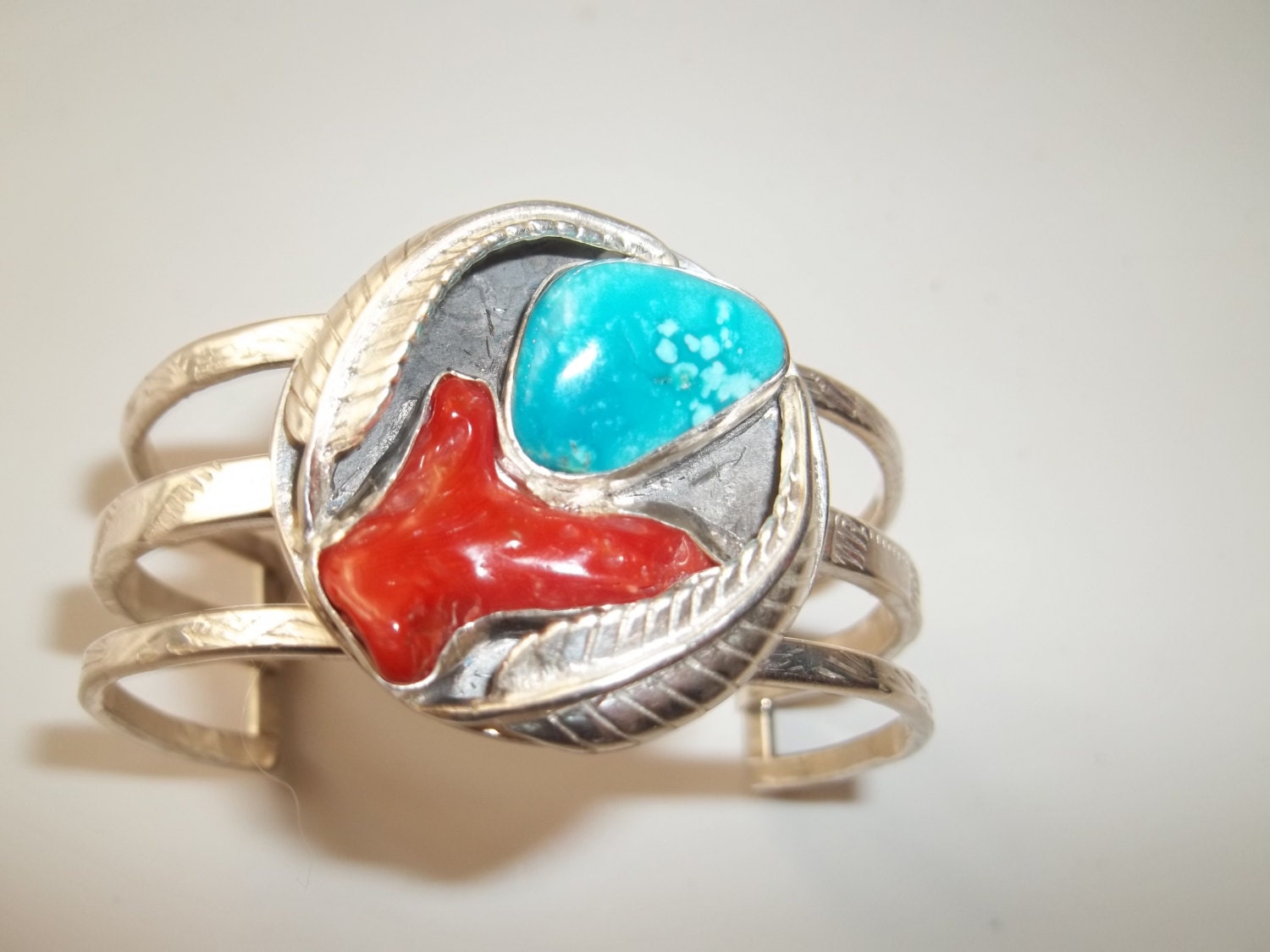 Turquoise & Red Coral Native American Inspired Southwest Designed Sterling Cuff Bracelet