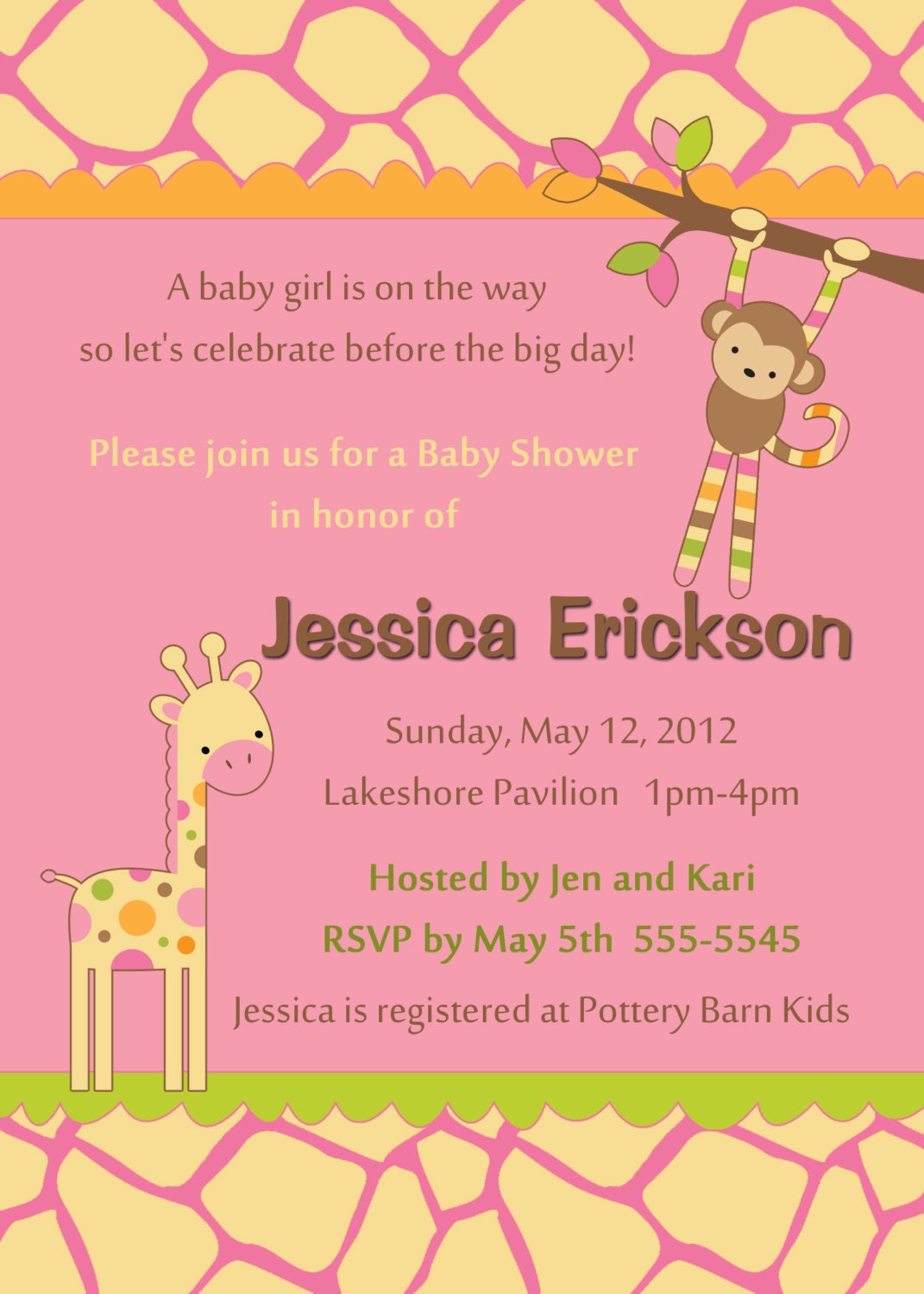 Digital File - 5x7 Baby Shower Giraffe Monkey Modern Girl - Custom Personalized