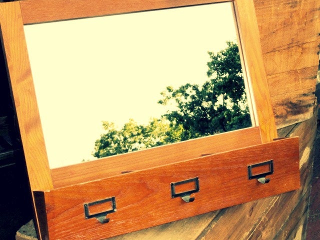 Vintage Wood Framed Mirror, Mail Storage, Organizer, Wall Decor