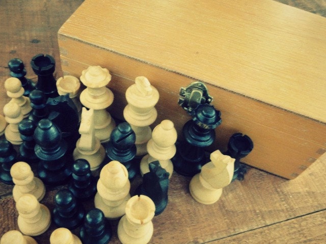 Vintage Wood Chess Set, Staunton Style, Storage Box, Black and Light Toned Wood, 32 Pieces