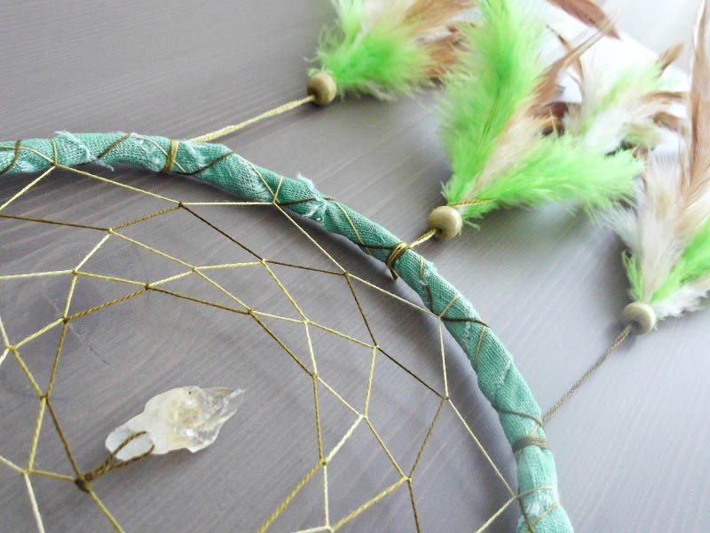 Dream Catcher - In the Grass - With Raw Citrine Gemstone, Green and Brown Feathers and Green Frame - Home Decor, Nursery Mobile