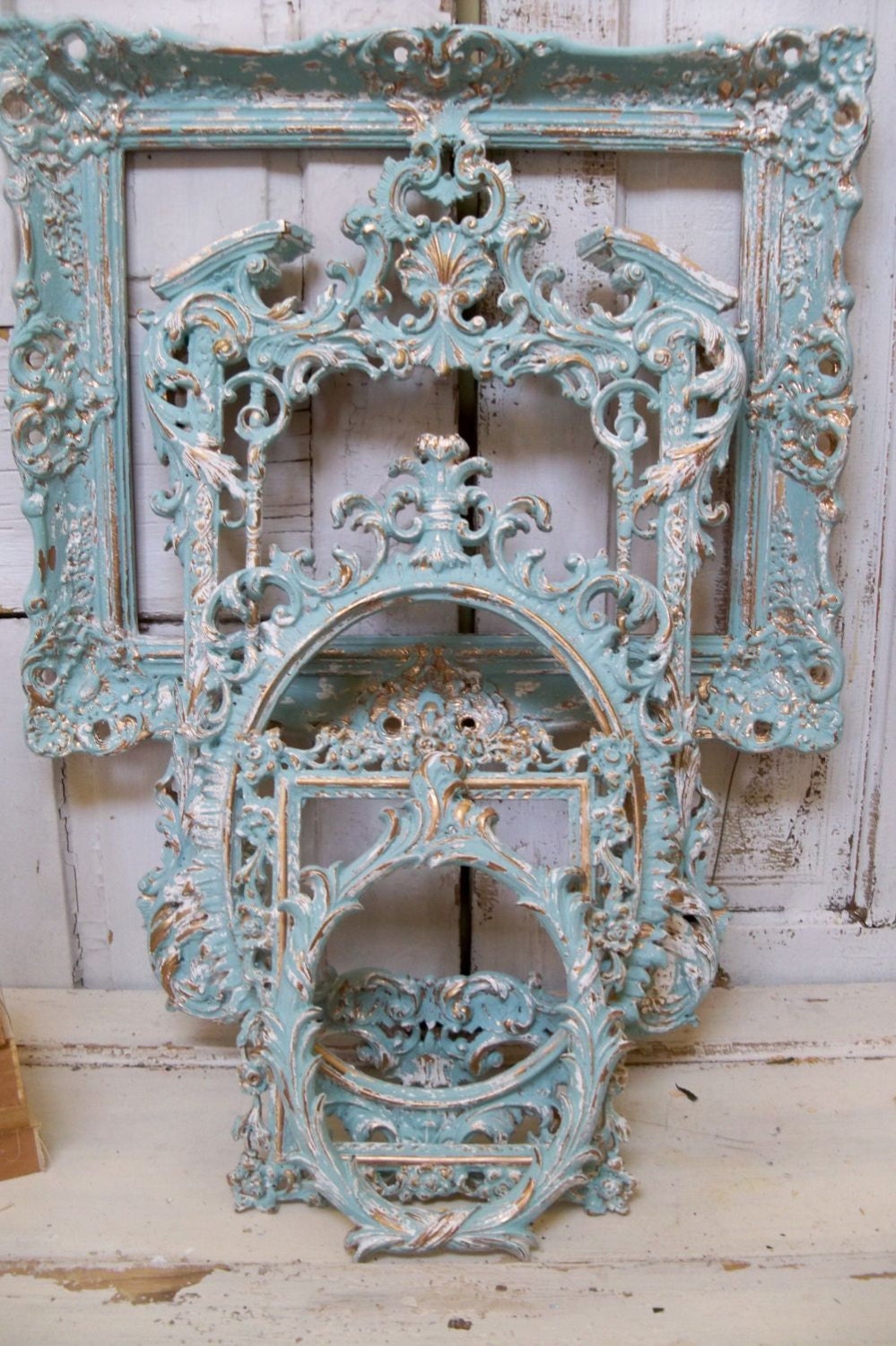Frame grouping ornate very light blue aqua with white distressed French chic vintage wall decor Anita Spero - AnitaSperoDesign