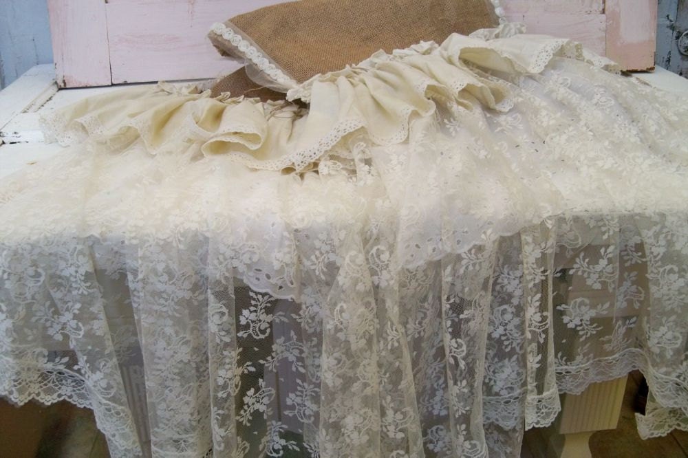 Hand made wedding table runner lace burlap white cream shabby chic farmhouse ruffles home decor by Anita Spero