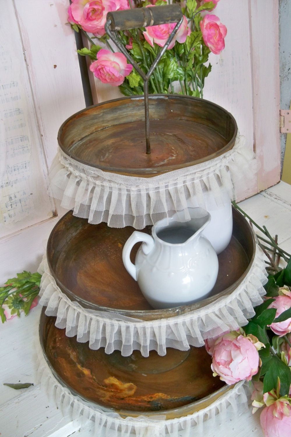 Three tiered dessert party tray huge food plate rustic DIY wedding display piece home decor Anita Spero