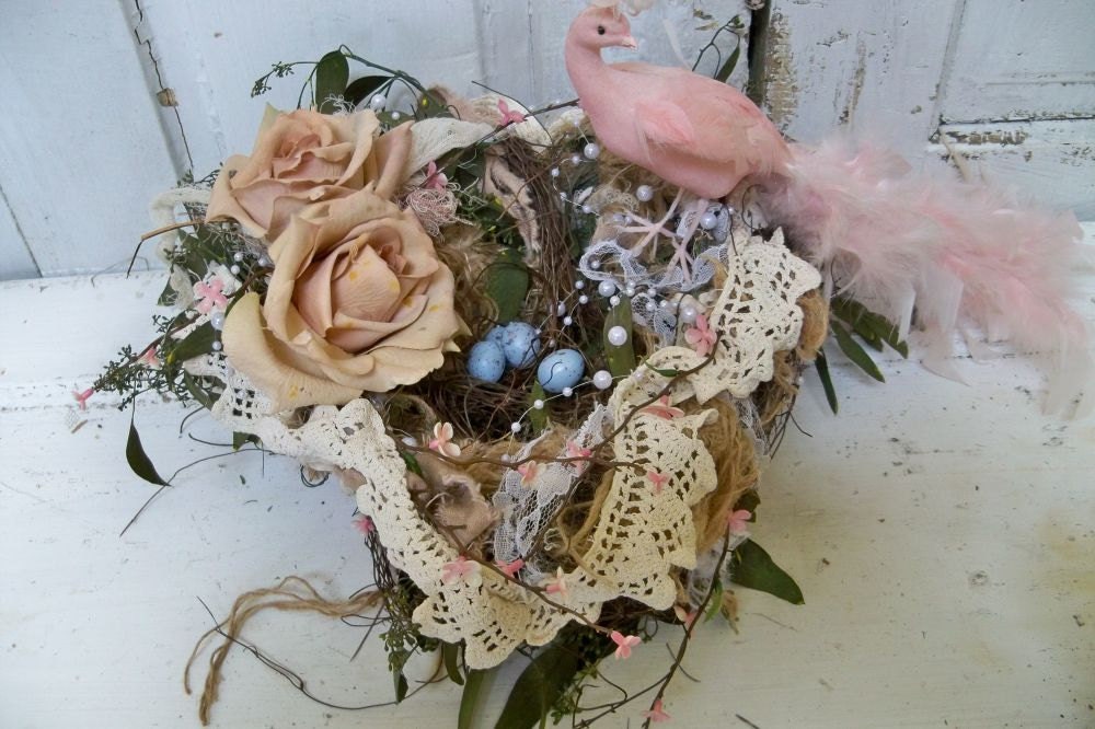 Large shabby chic nest with pink peacock and eggs French farmhouse handmade home decor anita spero