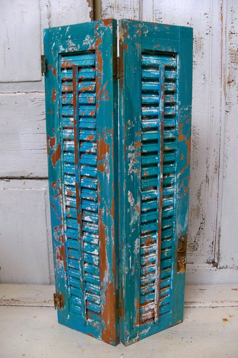 Wood shutter blue aqua distressed chippy hand painted shabby cottage weathered home decor Anita Spero