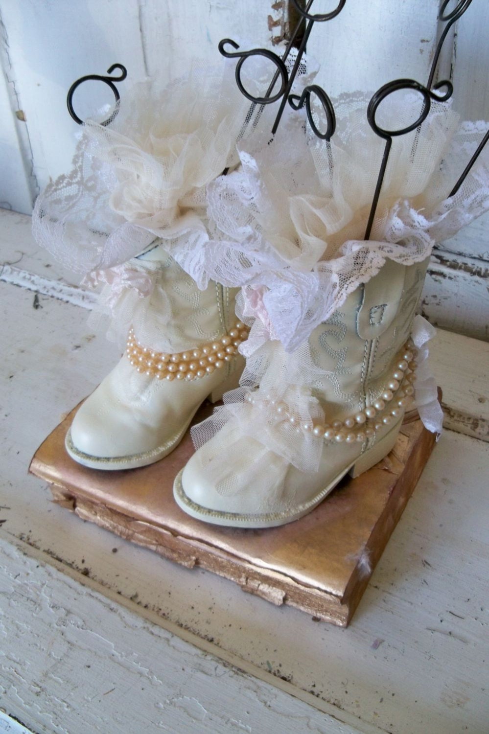 Shabby chic cowboy boots decor small size tabletop photo holder cream ooak home decor Anita Spero