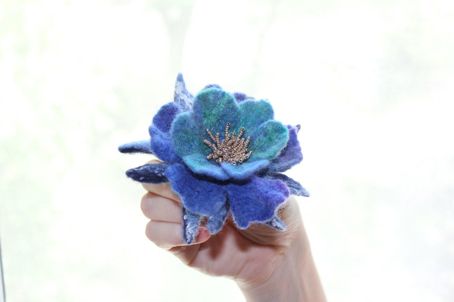 Felted flower brooch / felted flower embroidered with golden beads / OOAK / Dark blue / Shades green and violet