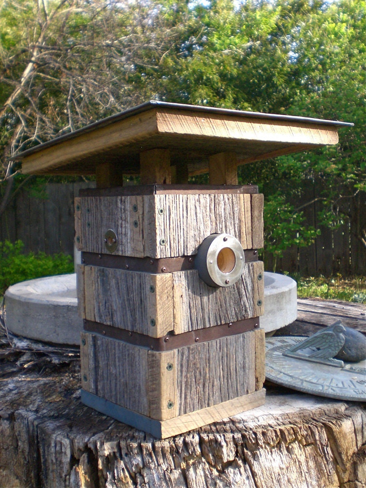 The Brownie: Modern Birdhouse Handmade from Recycled Barn Wood and Tin Roofing