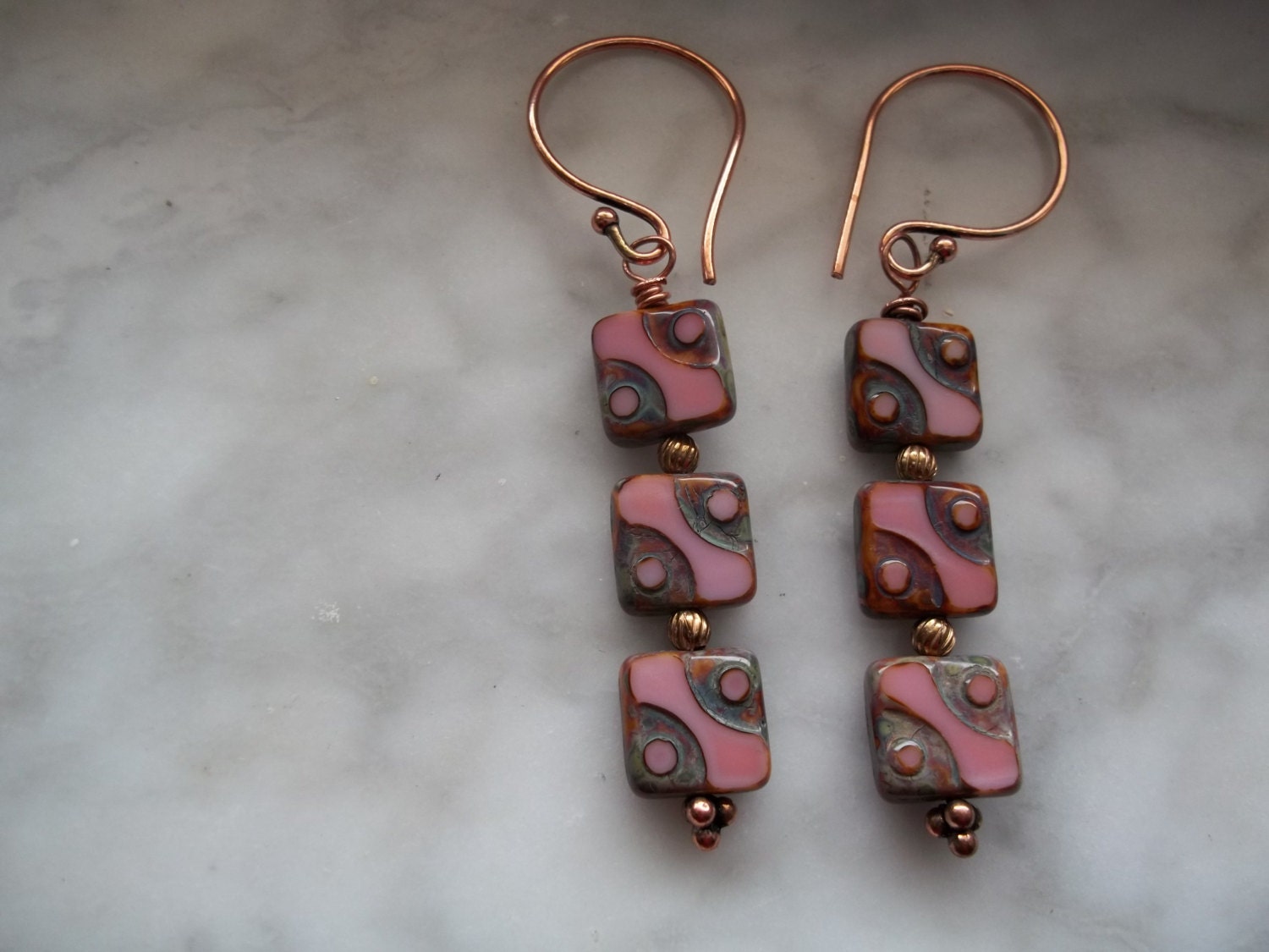 Cotton Candy. Picasso Glass Beads, Pink Dangle Earrings, Copper Dangle Earrings,For Her, New, Accessories